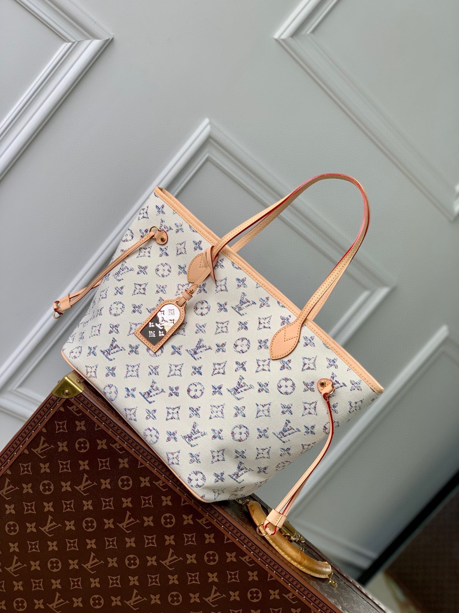 LV NEVERFULL MM CUIR BEIGE TISSU JACQUARD MONOGRAMME BLANC