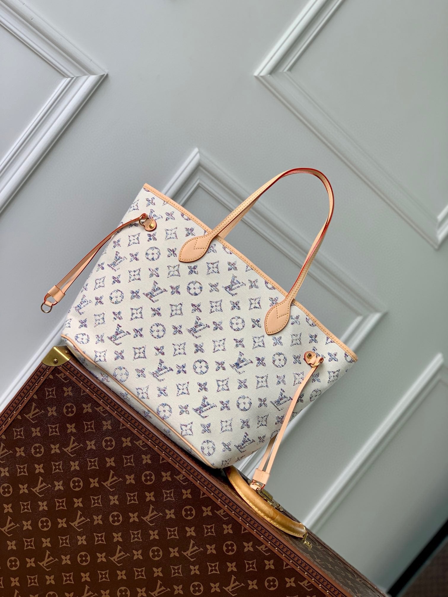 LV NEVERFULL MM CUIR BEIGE TISSU JACQUARD MONOGRAMME BLANC