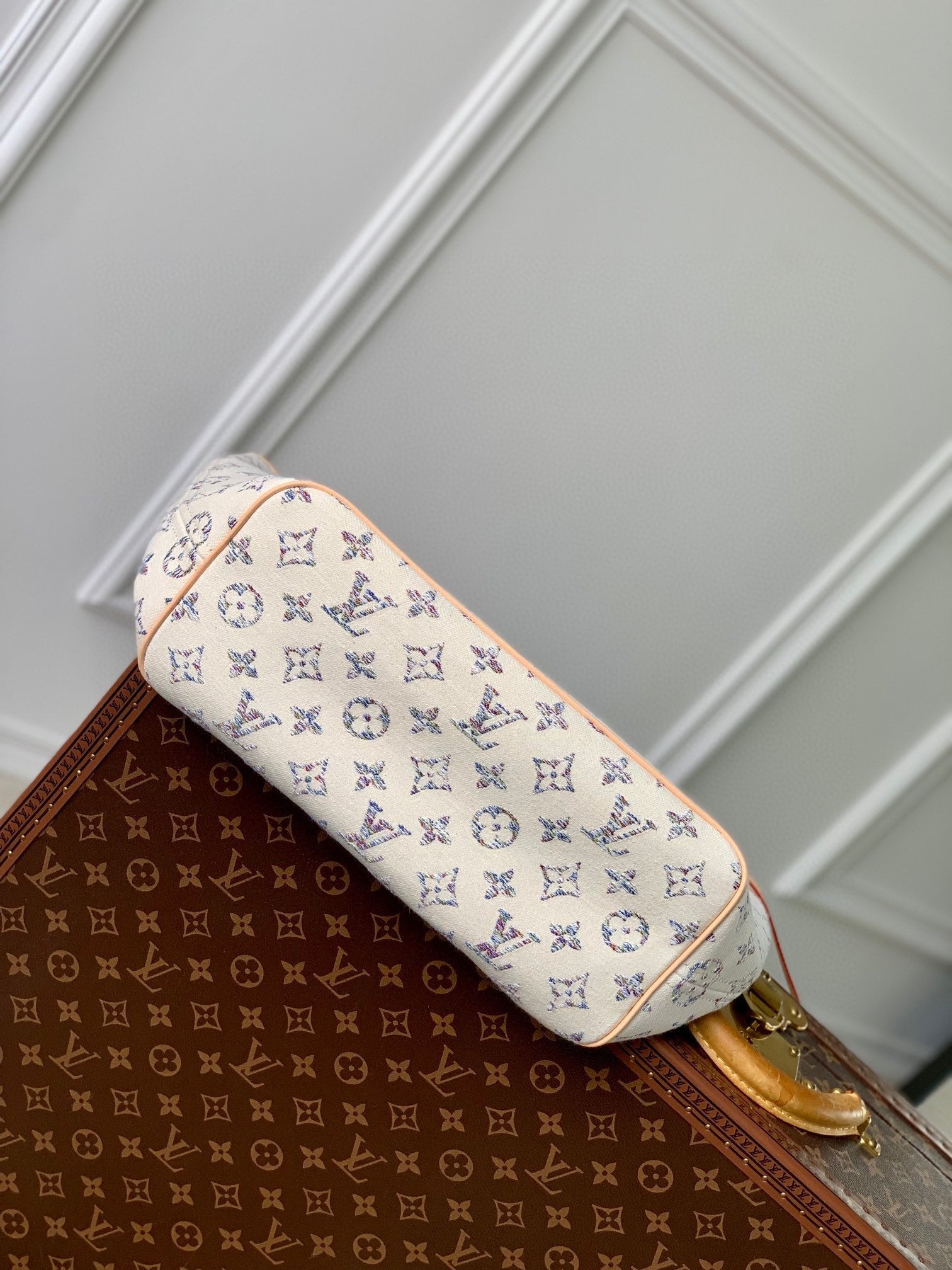 LV NEVERFULL MM CUIR BEIGE TISSU JACQUARD MONOGRAMME BLANC