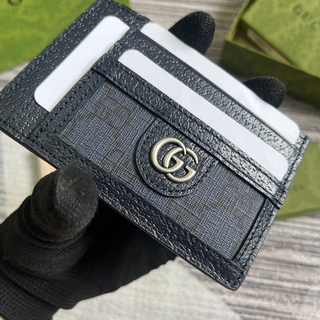 ÉTUI POUR 11 CARTES OPHIDIA GG EN TOILE BLEU FONCÉ ET CUIR DE VEAU NOIR