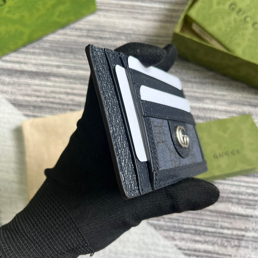 ÉTUI POUR 11 CARTES OPHIDIA GG EN TOILE BLEU FONCÉ ET CUIR DE VEAU NOIR