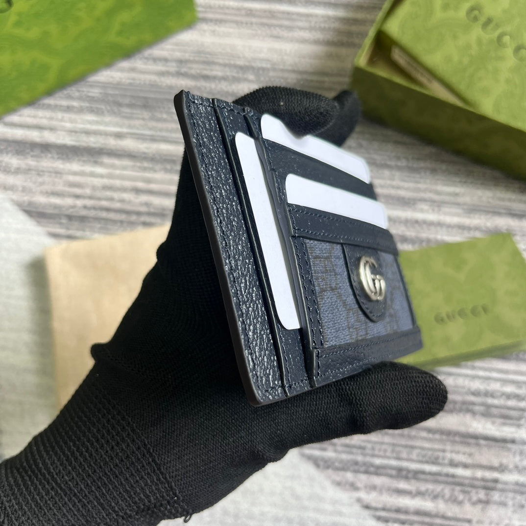 ÉTUI POUR 11 CARTES OPHIDIA GG EN TOILE BLEU FONCÉ ET CUIR DE VEAU NOIR