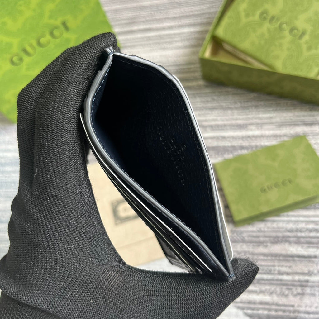 ÉTUI POUR 11 CARTES OPHIDIA GG EN TOILE BLEU FONCÉ ET CUIR DE VEAU NOIR