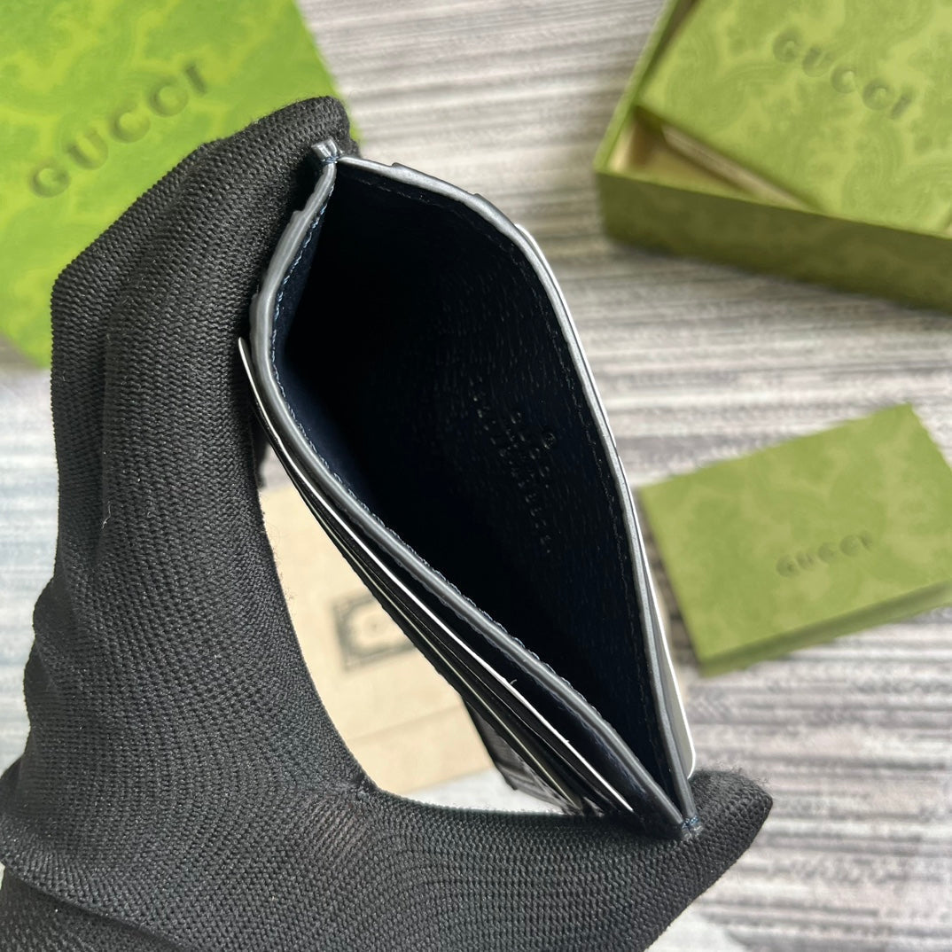 ÉTUI POUR 11 CARTES OPHIDIA GG EN TOILE BLEU FONCÉ ET CUIR DE VEAU NOIR