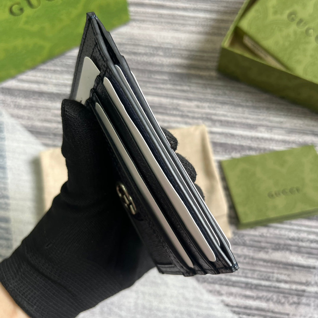 ÉTUI POUR 11 CARTES OPHIDIA GG EN TOILE BLEU FONCÉ ET CUIR DE VEAU NOIR