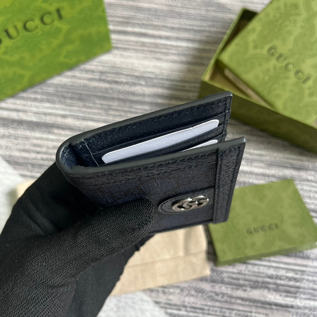 ÉTUI 12 CARTES OPHIDIA GG TOILE BLEU FONCÉ ET CUIR DE VEAU NOIR
