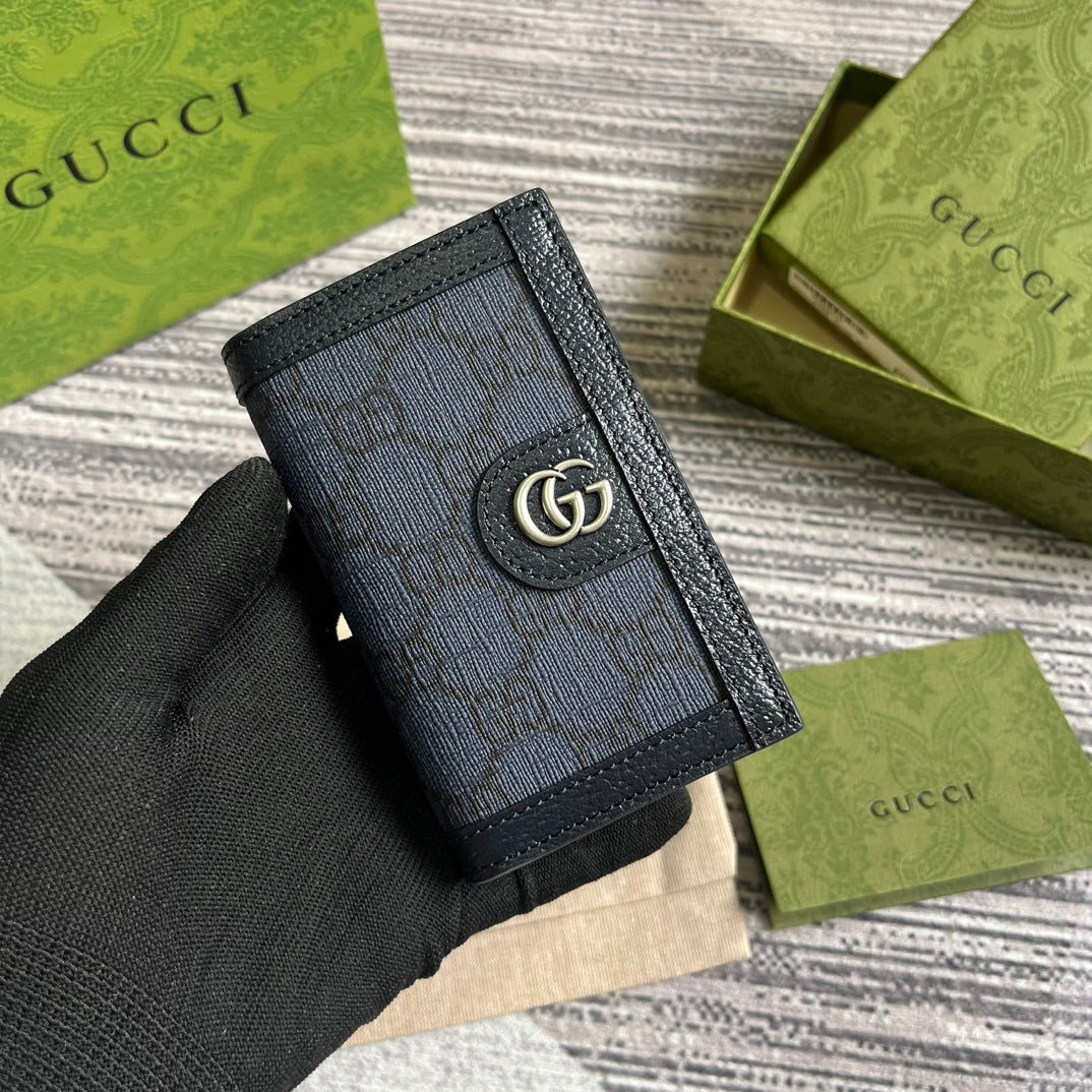 ÉTUI 12 CARTES OPHIDIA GG TOILE BLEU FONCÉ ET CUIR DE VEAU NOIR