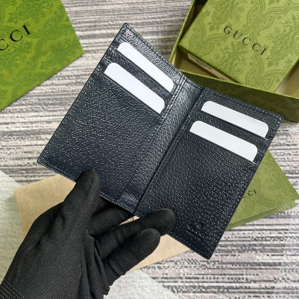 ÉTUI 12 CARTES OPHIDIA GG TOILE BLEU FONCÉ ET CUIR DE VEAU NOIR