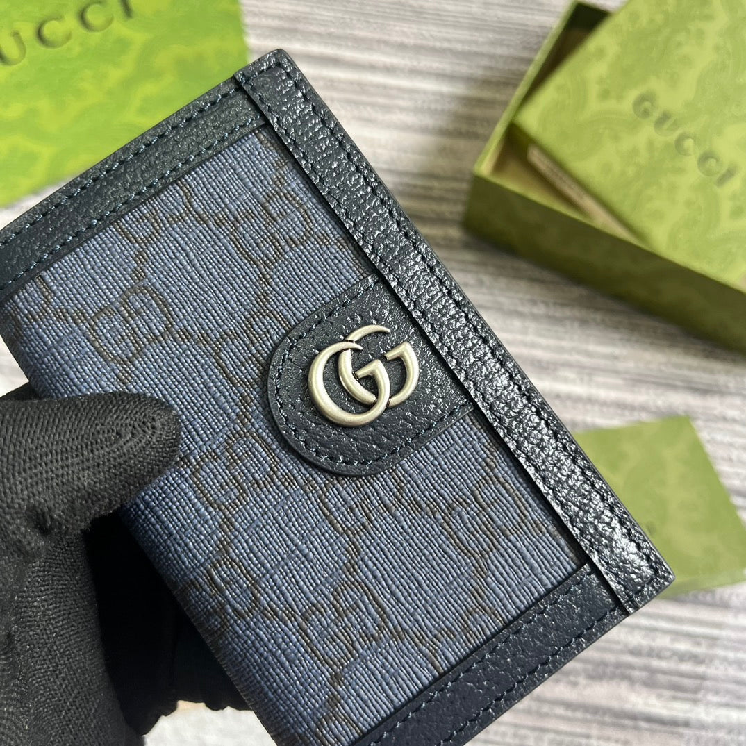 ÉTUI 12 CARTES OPHIDIA GG TOILE BLEU FONCÉ ET CUIR DE VEAU NOIR