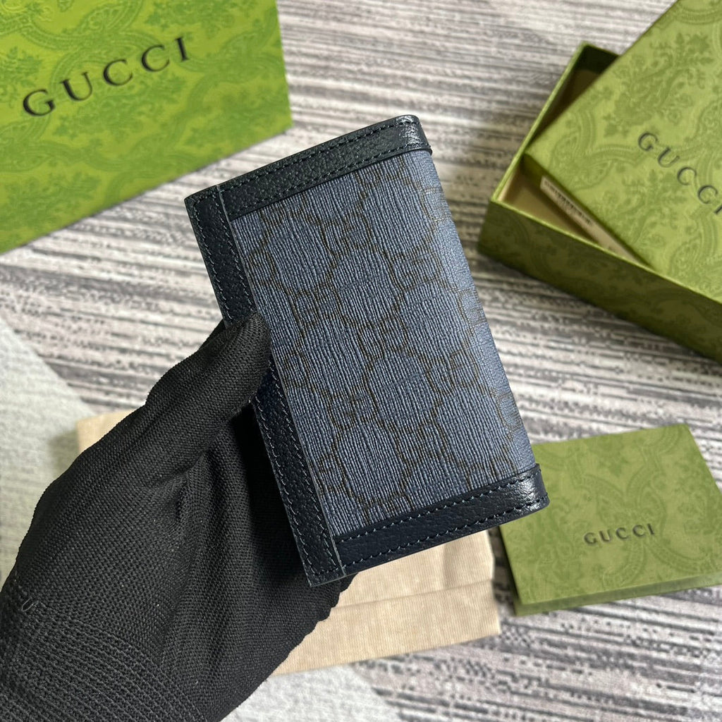 ÉTUI 12 CARTES OPHIDIA GG TOILE BLEU FONCÉ ET CUIR DE VEAU NOIR