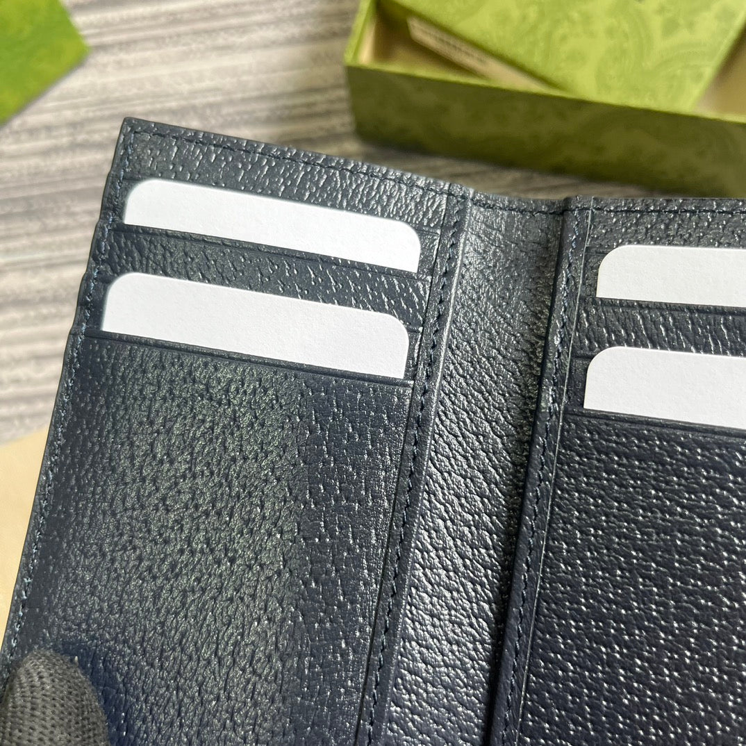 ÉTUI 12 CARTES OPHIDIA GG TOILE BLEU FONCÉ ET CUIR DE VEAU NOIR