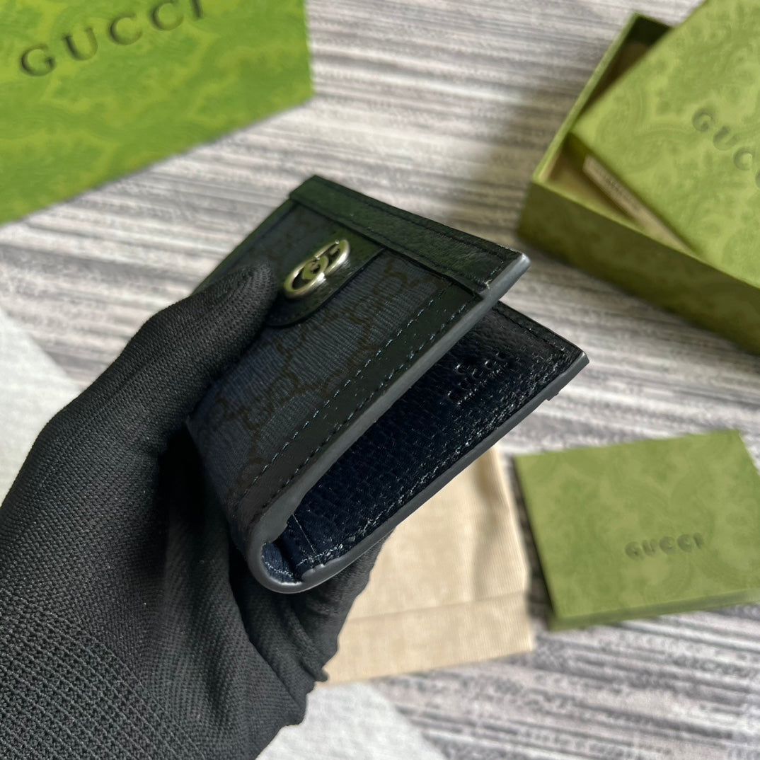 ÉTUI 12 CARTES OPHIDIA GG TOILE BLEU FONCÉ ET CUIR DE VEAU NOIR