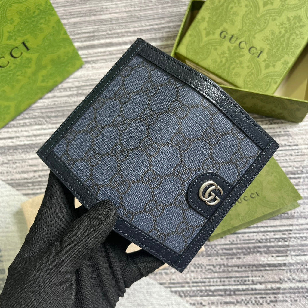 ÉTUI 12 CARTES OPHIDIA GG TOILE BLEU FONCÉ ET CUIR DE VEAU NOIR