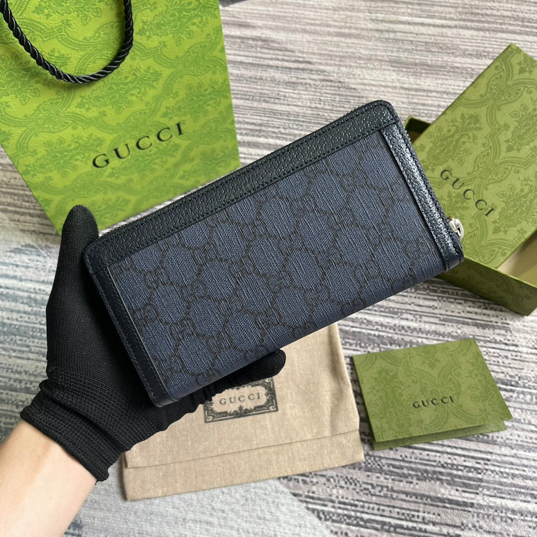 PORTEFEUILLE ZIPPÉ OPHIDIA GG 19 EN TOILE BLEU FONCÉ ET CUIR DE VEAU NOIR