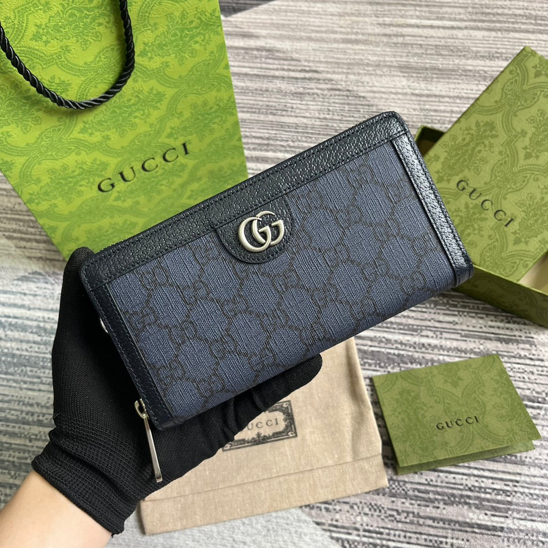 PORTEFEUILLE ZIPPÉ OPHIDIA GG 19 EN TOILE BLEU FONCÉ ET CUIR DE VEAU NOIR