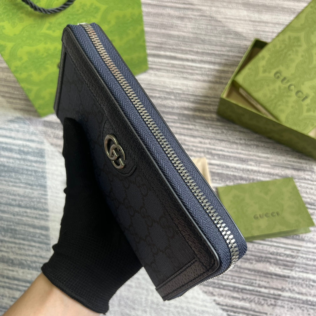 PORTEFEUILLE ZIPPÉ OPHIDIA GG 19 EN TOILE BLEU FONCÉ ET CUIR DE VEAU NOIR