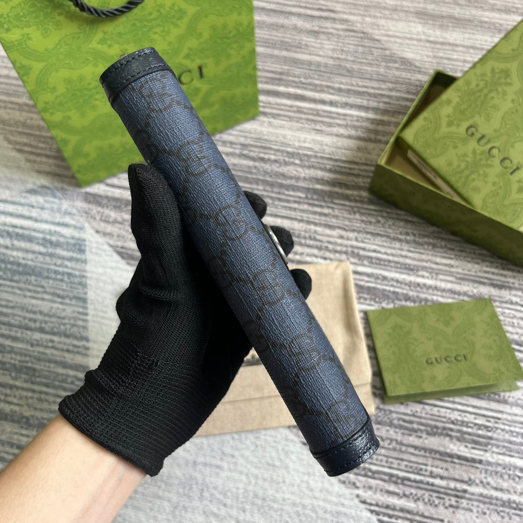 PORTEFEUILLE ZIPPÉ OPHIDIA GG 19 EN TOILE BLEU FONCÉ ET CUIR DE VEAU NOIR