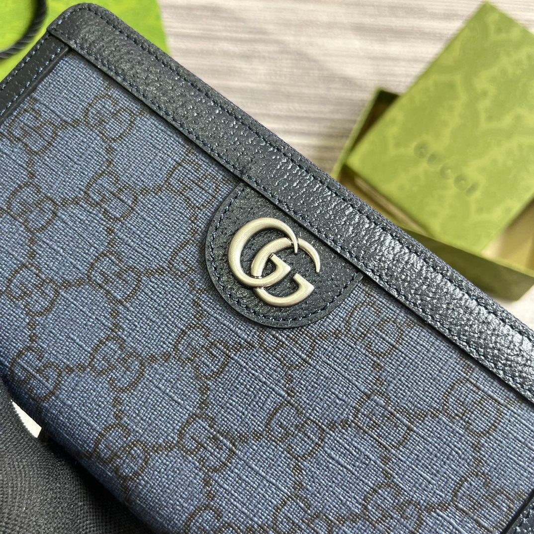 PORTEFEUILLE ZIPPÉ OPHIDIA GG 19 EN TOILE BLEU FONCÉ ET CUIR DE VEAU NOIR