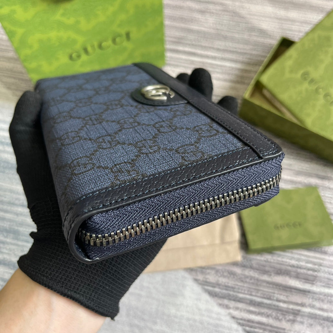 PORTEFEUILLE ZIPPÉ OPHIDIA GG 19 EN TOILE BLEU FONCÉ ET CUIR DE VEAU NOIR
