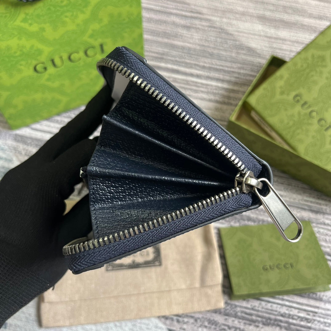 PORTEFEUILLE ZIPPÉ OPHIDIA GG 19 EN TOILE BLEU FONCÉ ET CUIR DE VEAU NOIR