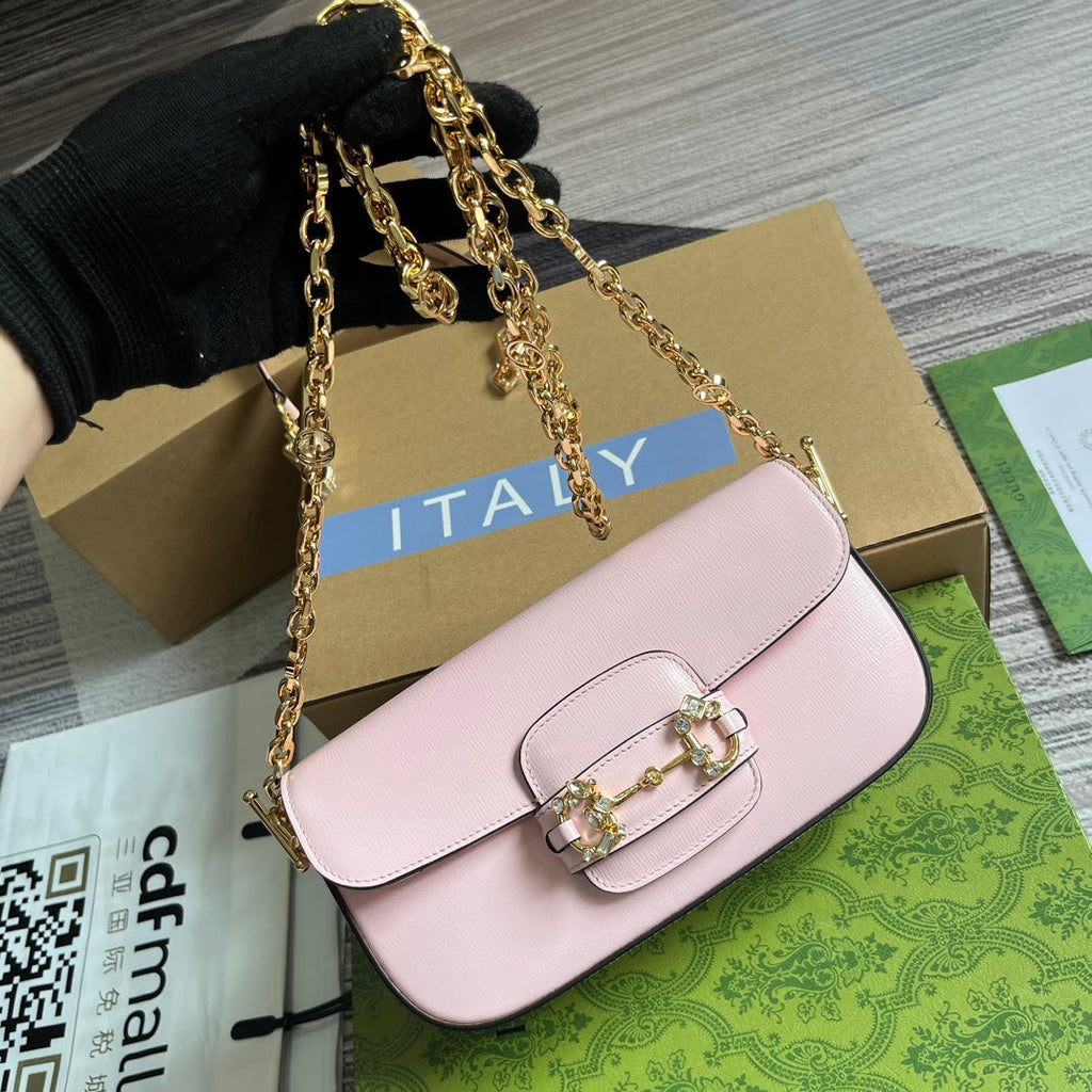 DIAMOND HORSEBIT SHOULDER BAG 24 IN LIGHT PINK CALFSKIN GOLD HARDWARE