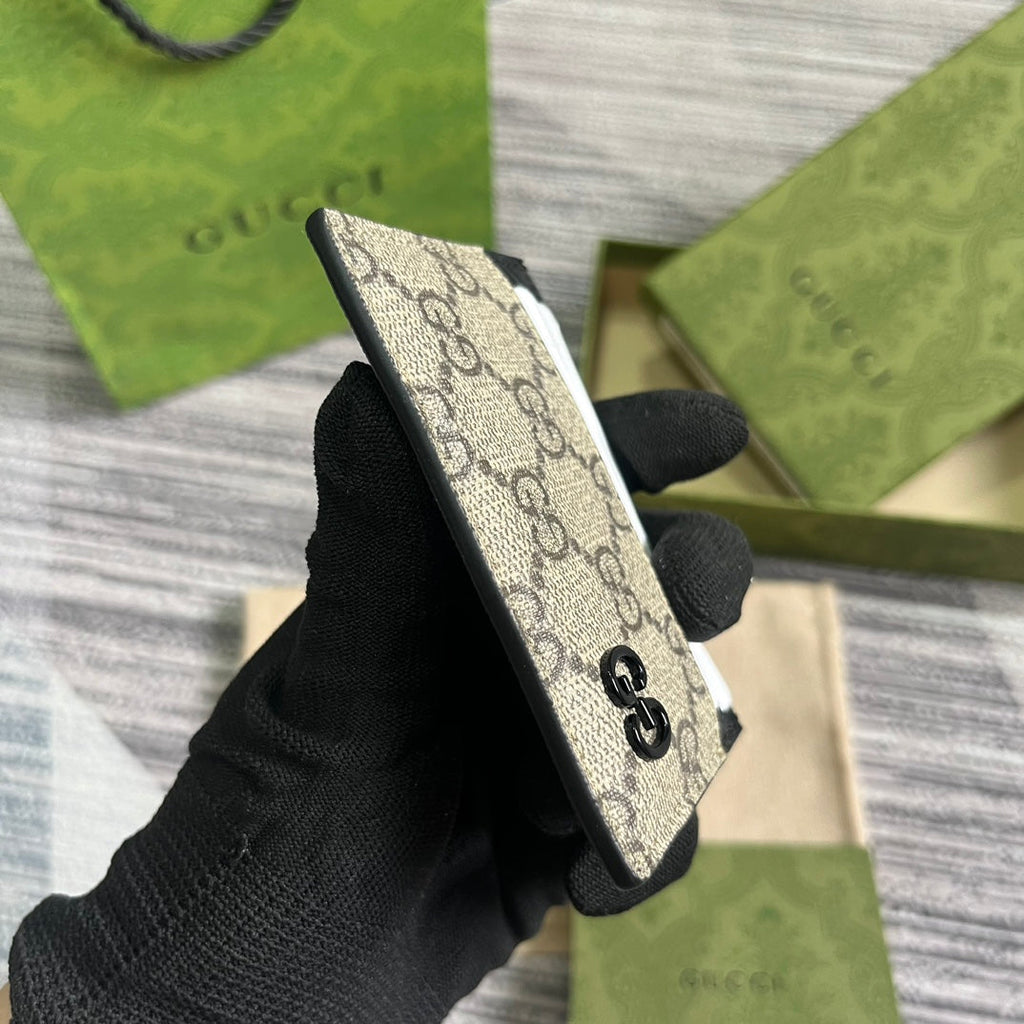 ÉTUI À CARTES GG 11 AVEC DÉTAIL GG EN CUIR DE VEAU BEIGE MARRON