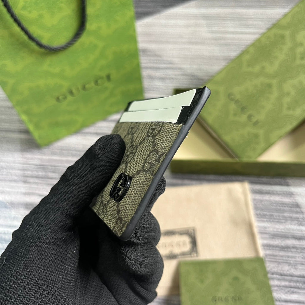ÉTUI À CARTES GG 11 AVEC DÉTAIL GG EN CUIR DE VEAU BEIGE MARRON