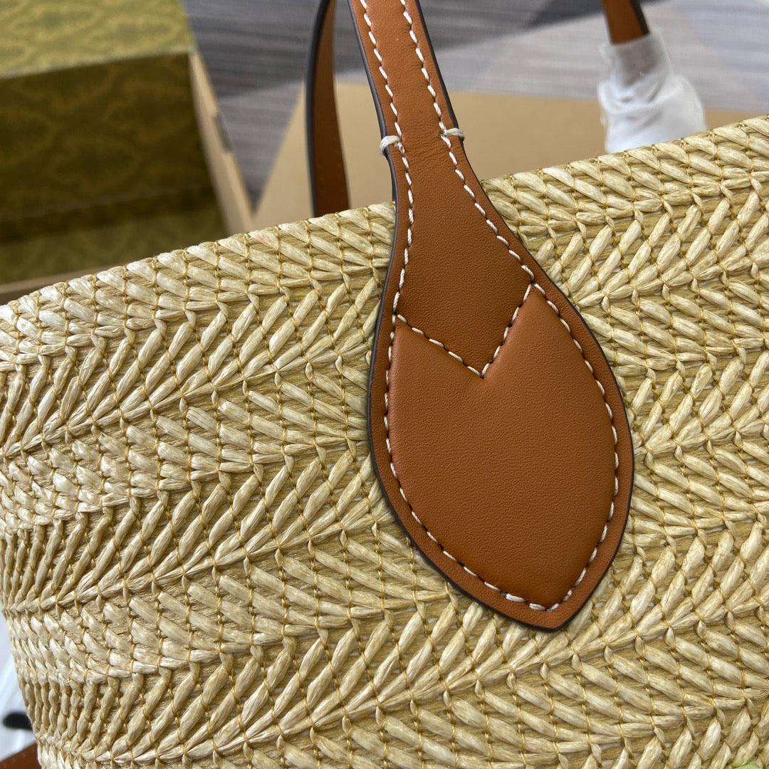 PETIT SAC CABAS 35 EFFET PAILLE MARRON MIX BEIGE