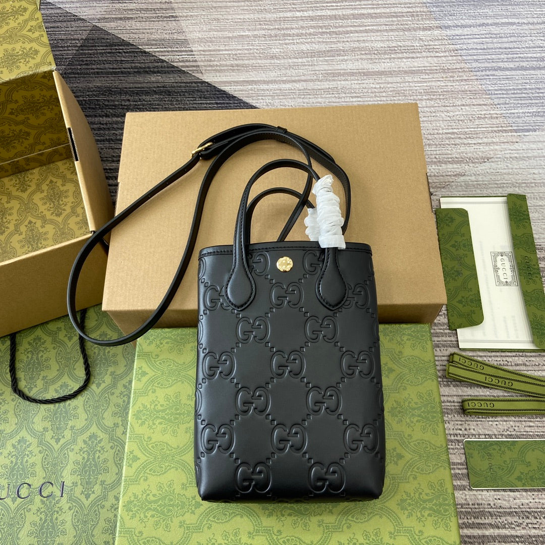 SAC GG 20 SUPER MINI AVEC BANDOULIÈRE EN CUIR DE VEAU NOIR