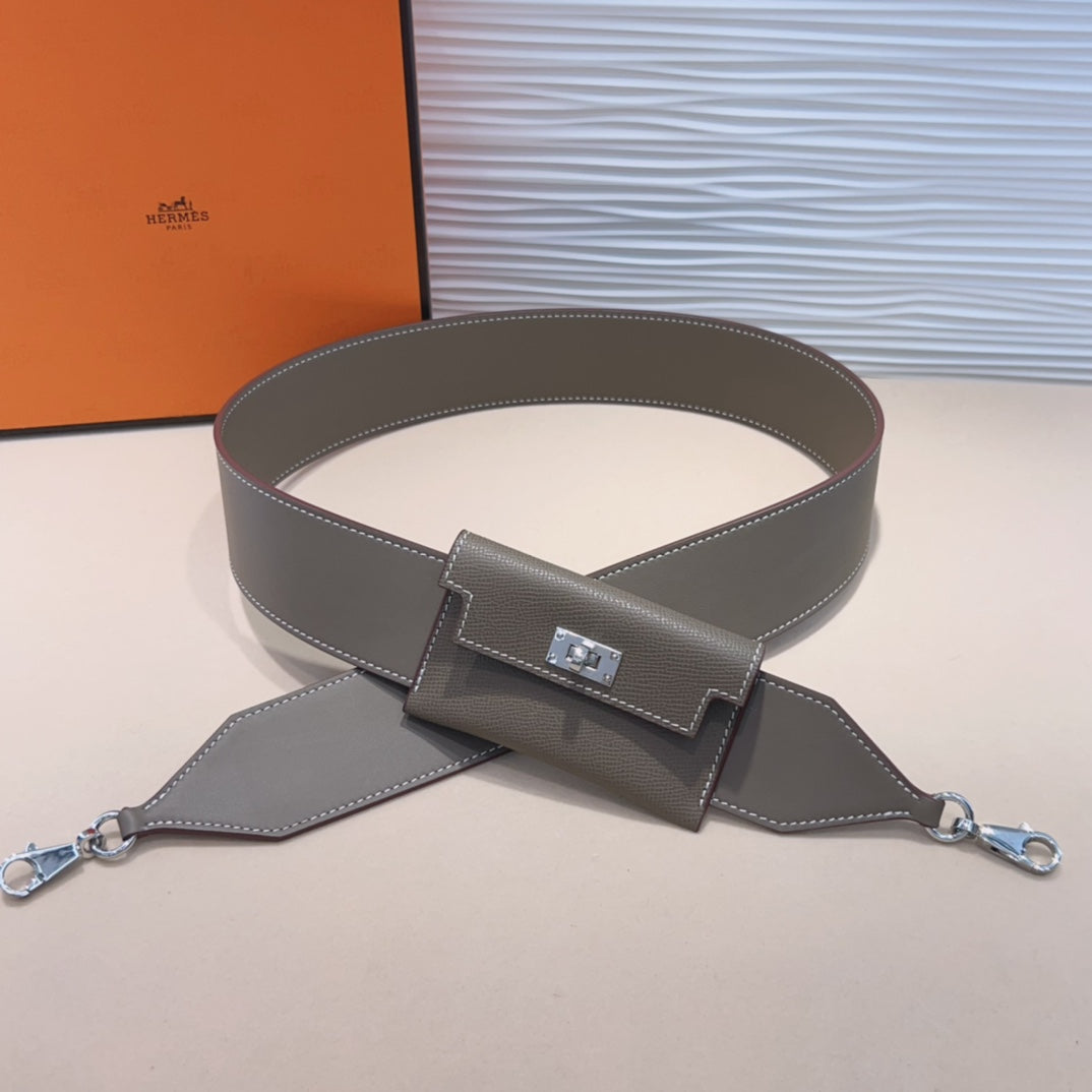 KELLY POCKET 50MM GRIS EPSOM QUINCAILLERIE ARGENTÉE BANDOULIÈRE 