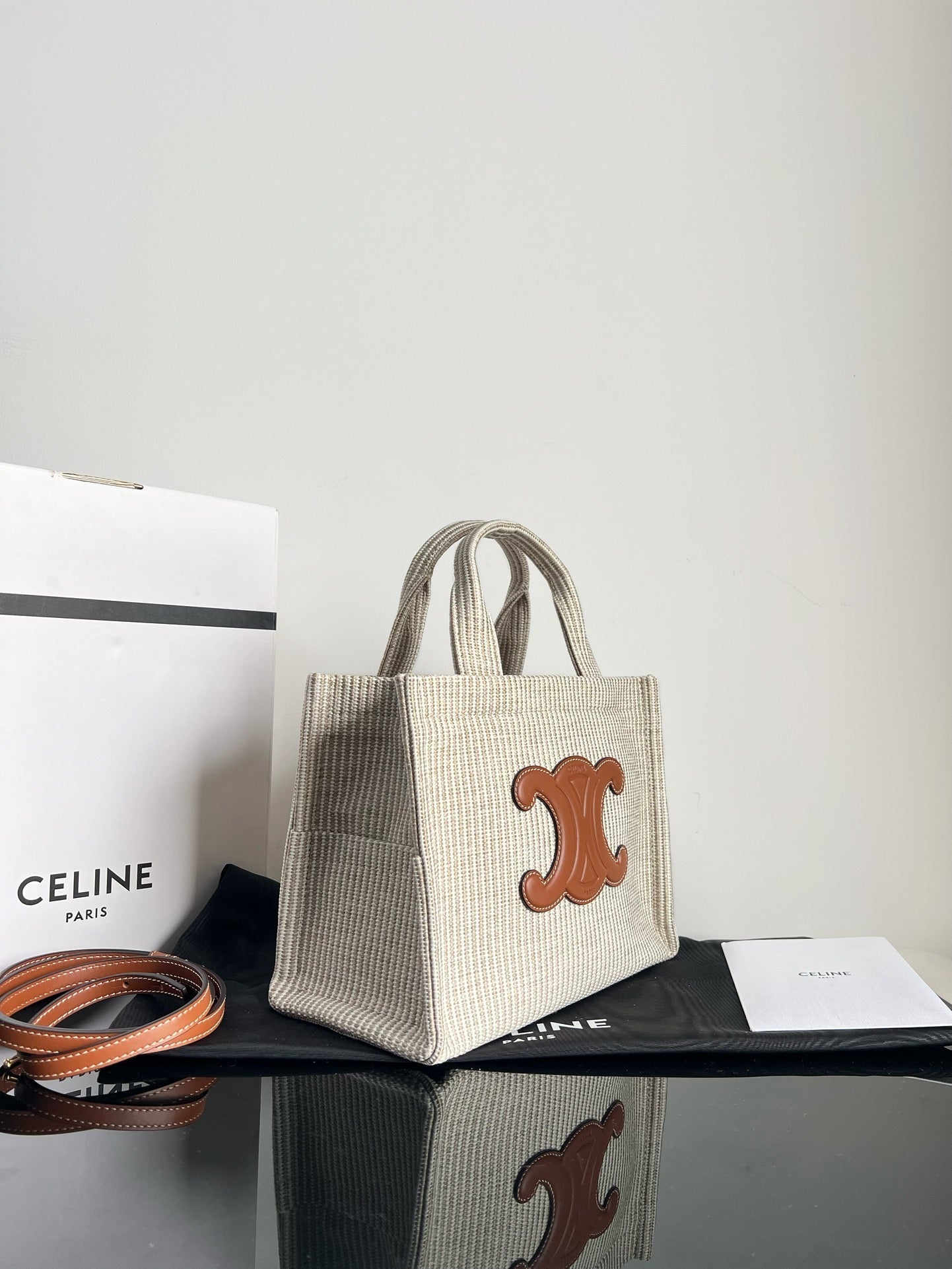 PETIT CABAS THAÏS 25,5 TISSU RAYÉ CRÈME CUIR DE VEAU TRIOMPHE