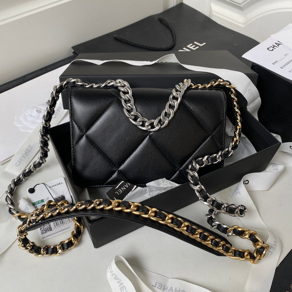 19 WOC 19CM CUIR D'AGNEAU NOIR QUINCAILLERIE ARGENTÉE