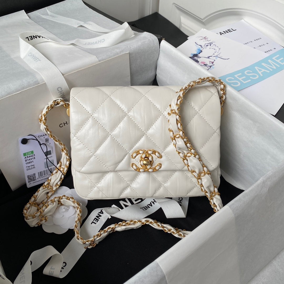 CC 23K 13,5CM CUIR DE VEAU BLANC QUINCAILLERIE OR 