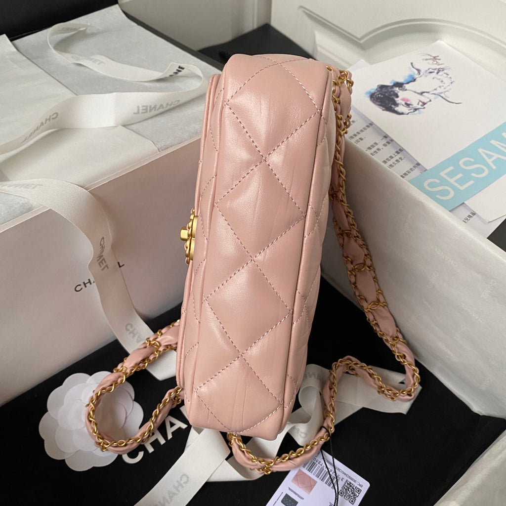 PETIT SAC À RABAT 20 EN CUIR D'AGNEAU ROSE PÊCHE QUINCAILLERIE DORÉ
