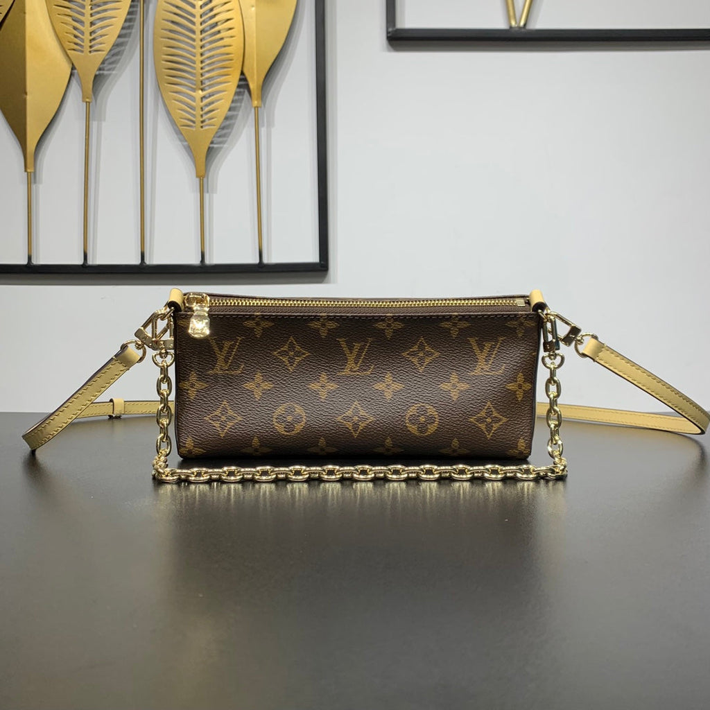 Pochette Bloom 22 en toile monogrammée marron et côtés en cuir de veau jaune pastel
