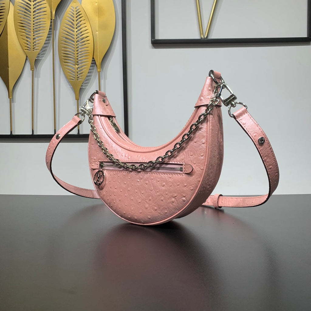 LOOP 23 EN CUIR D'AUTRUCHE ROSE PÊCHE QUINCAILLERIE ARGENTÉE
