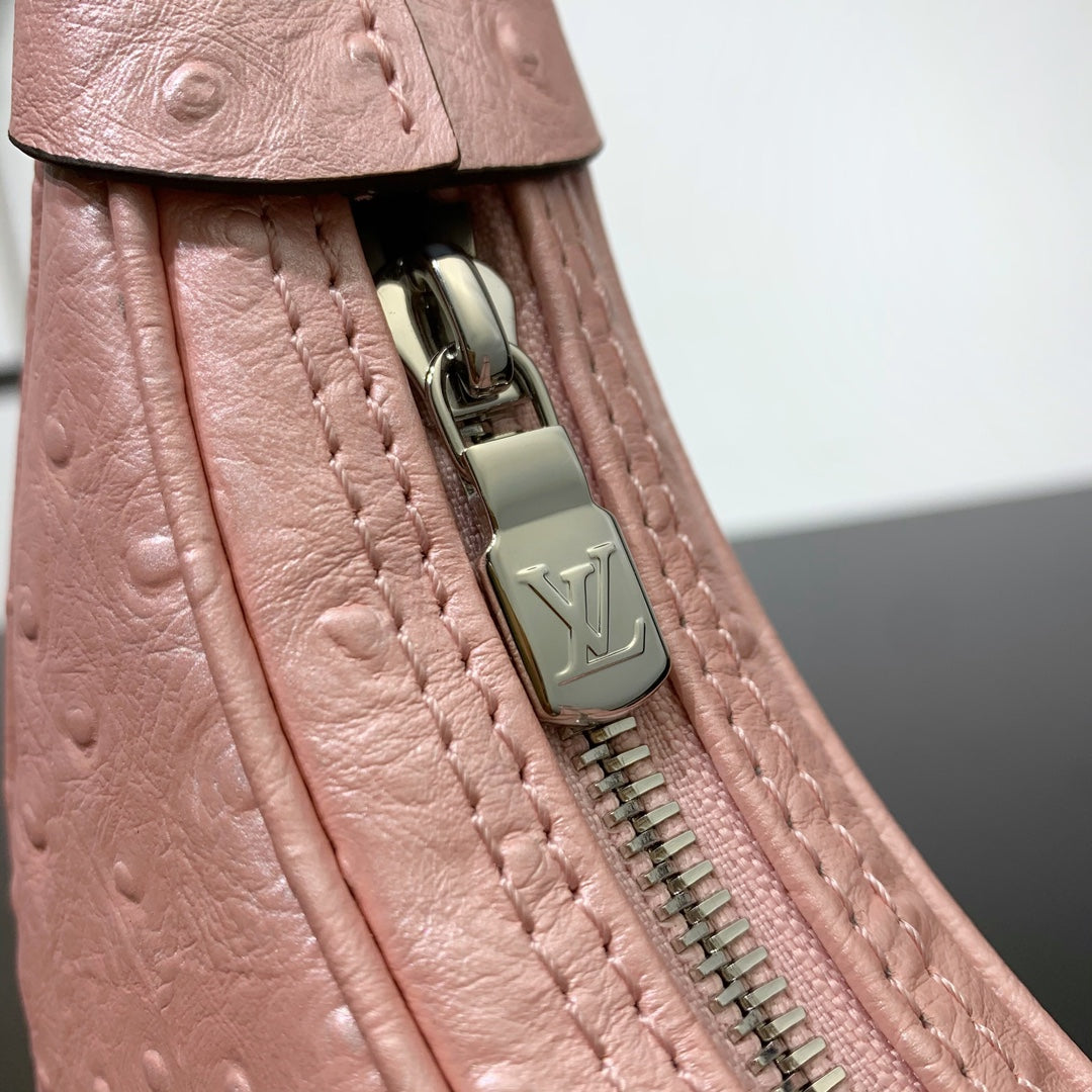 LOOP 23 EN CUIR D'AUTRUCHE ROSE PÊCHE QUINCAILLERIE ARGENTÉE