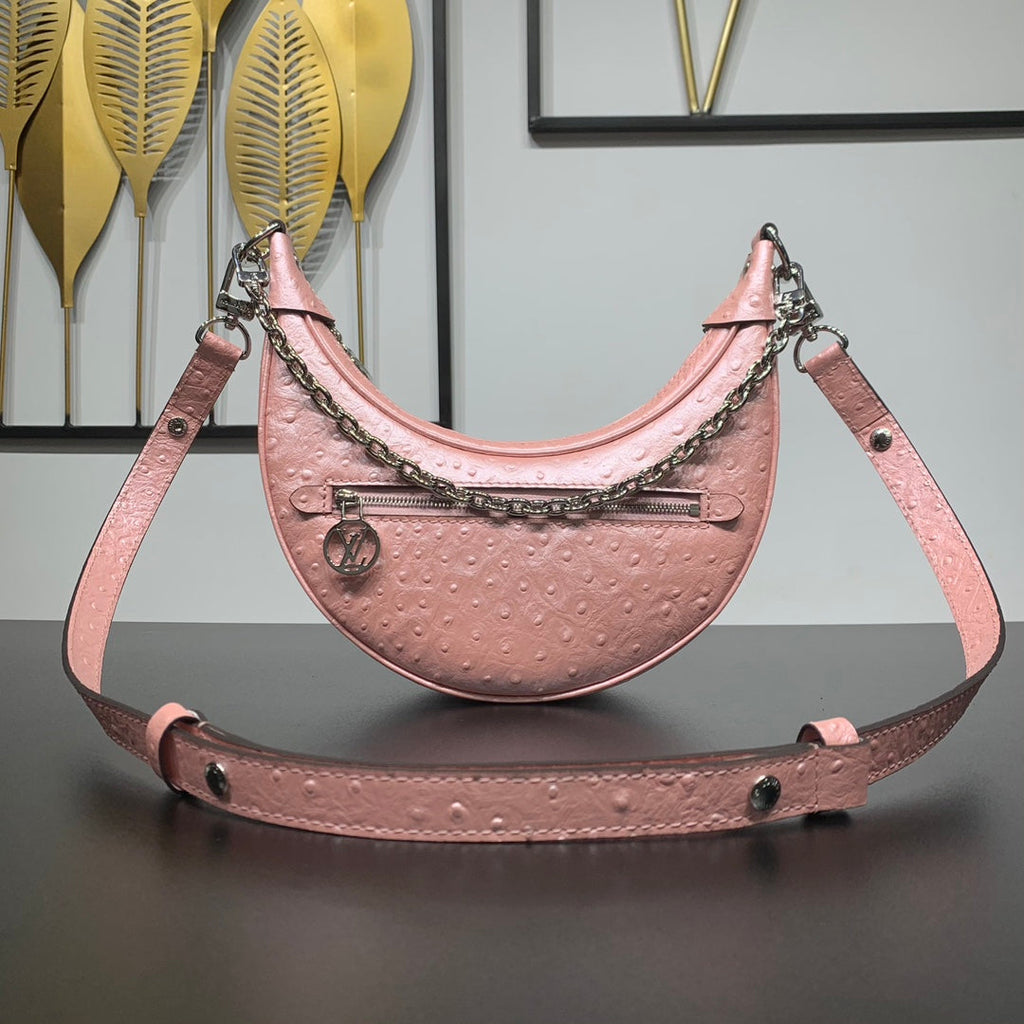 LOOP 23 EN CUIR D'AUTRUCHE ROSE PÊCHE QUINCAILLERIE ARGENTÉE