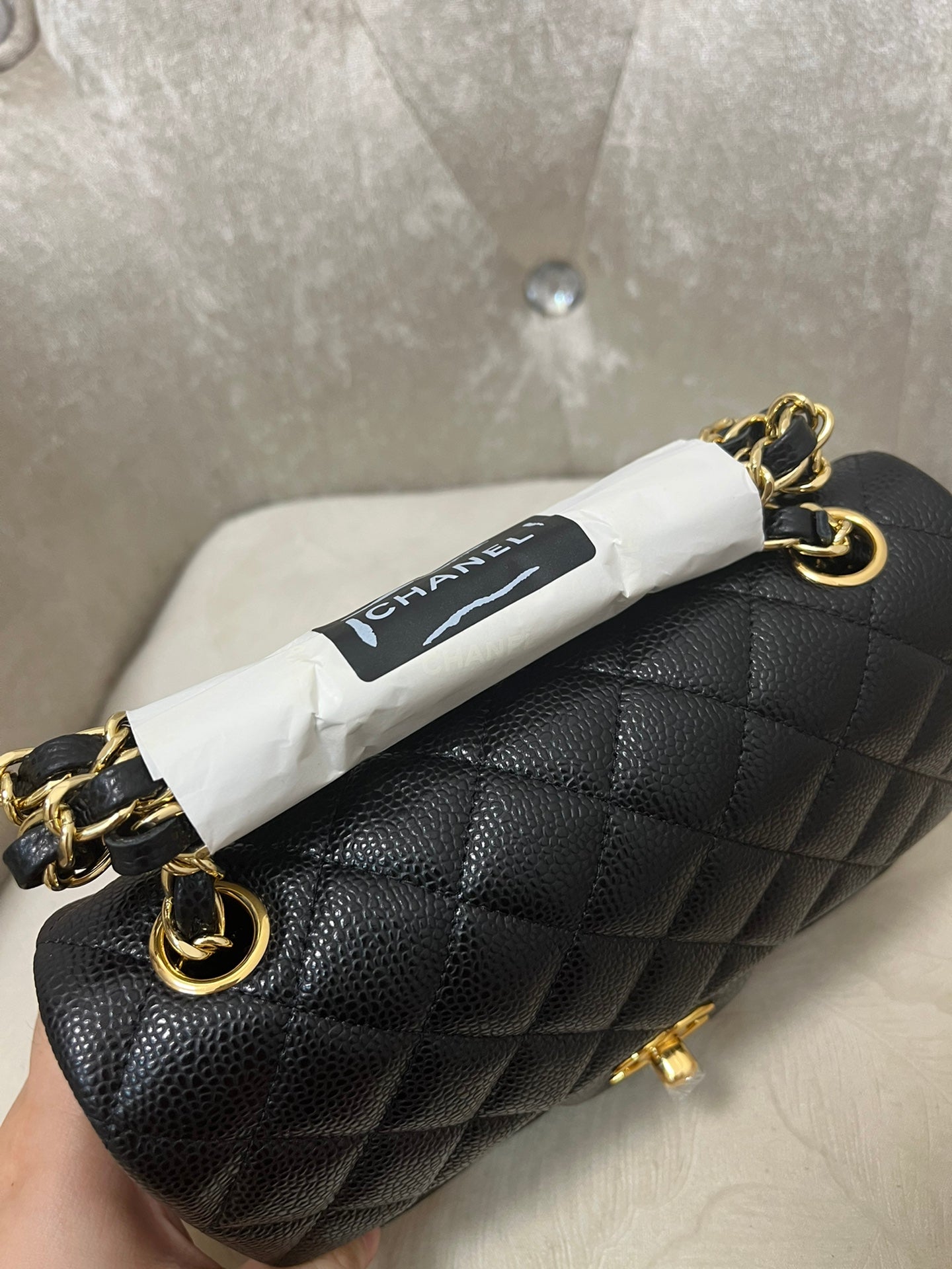FLAP BAG MINI 20CM BLACK GRAINED CALFSKIN GOLD HARDWARE