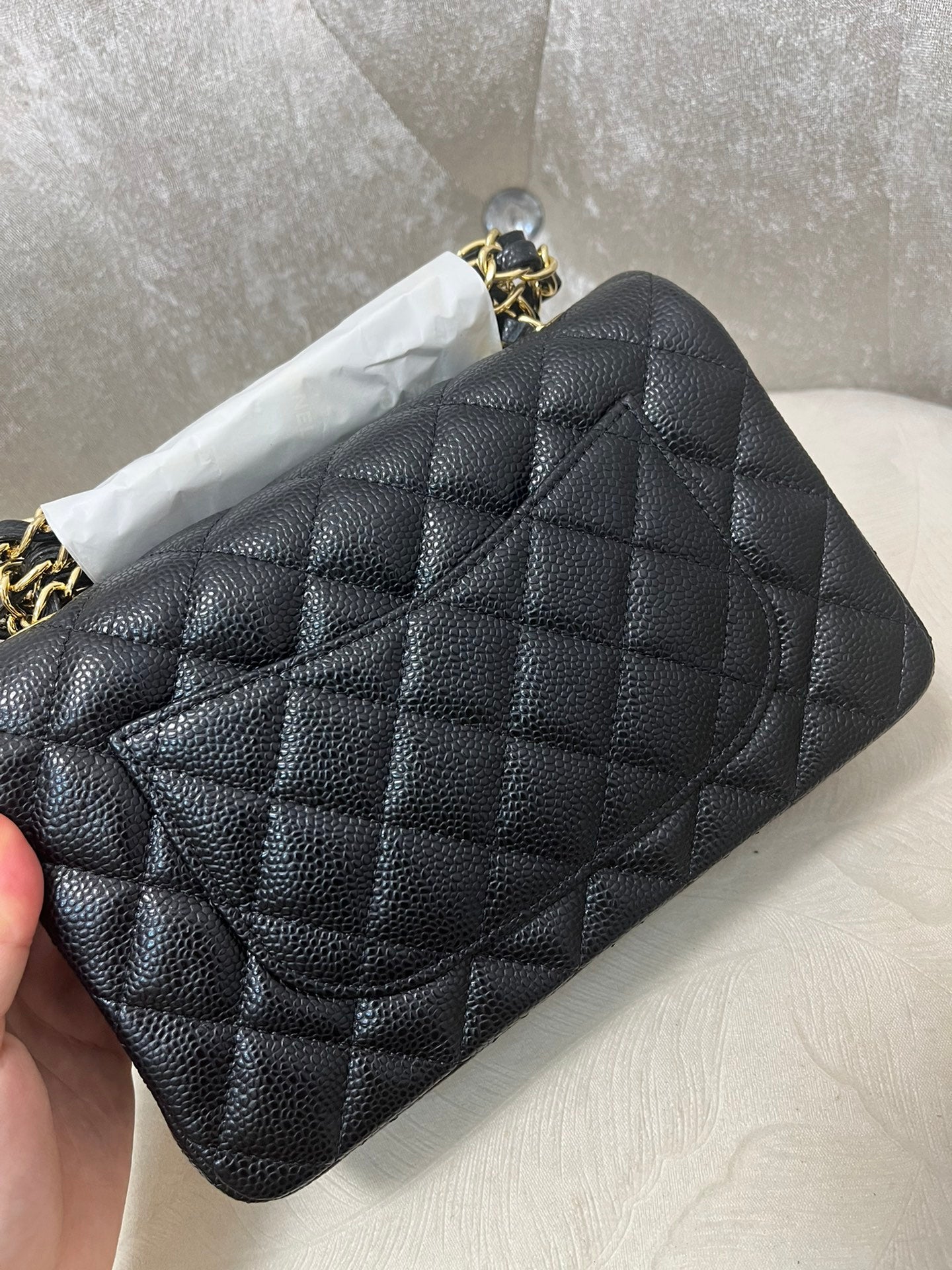 FLAP BAG MINI 20CM BLACK GRAINED CALFSKIN GOLD HARDWARE