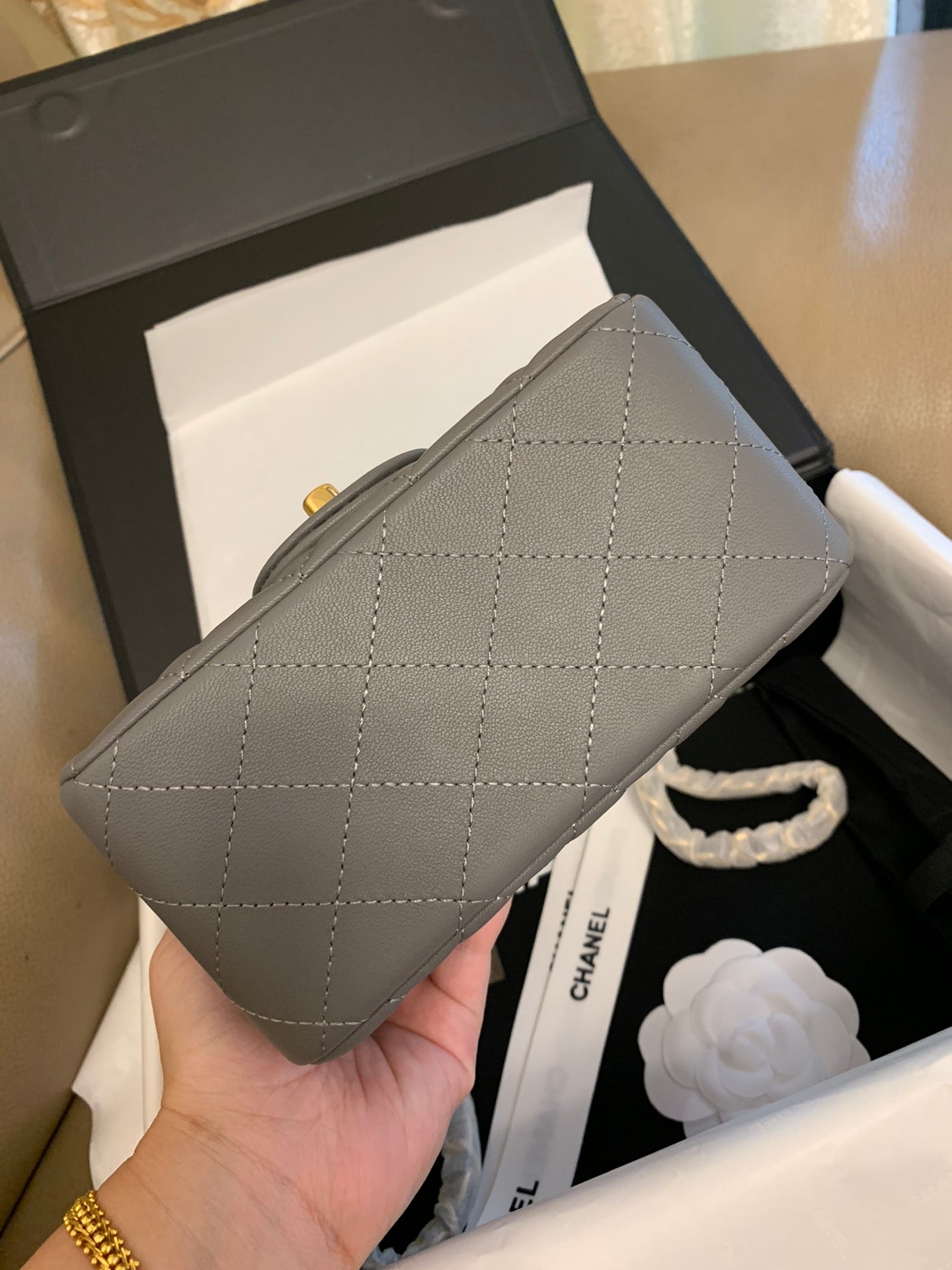 MINI SQUARE FLAP BAG 17CM DARK GREY CALFSKIN GOLD HARDWARE