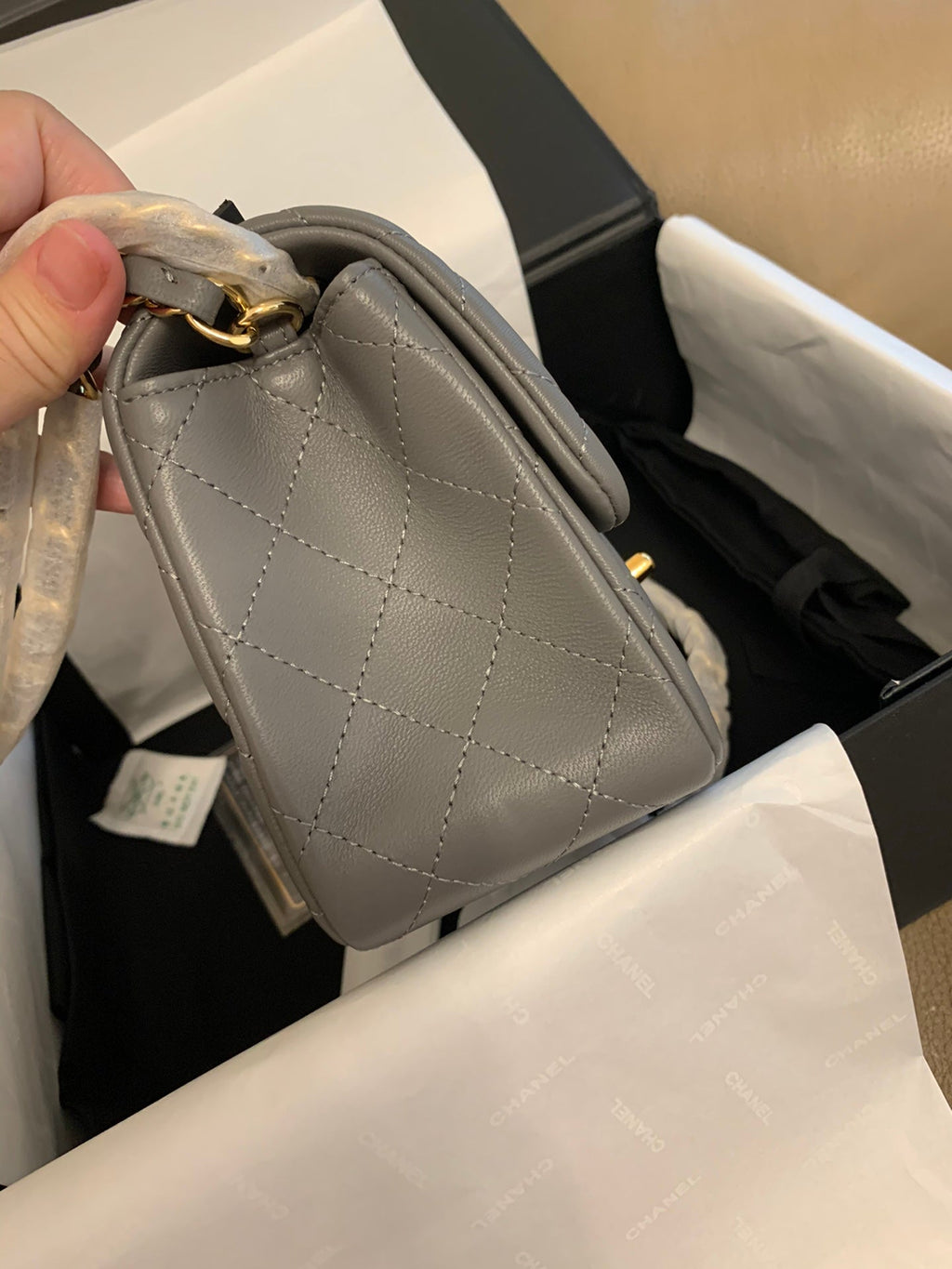 MINI SQUARE FLAP BAG 17CM DARK GREY CALFSKIN GOLD HARDWARE