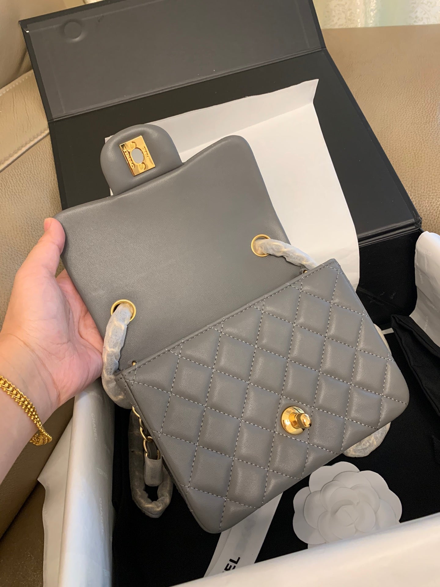 MINI SQUARE FLAP BAG 17CM DARK GREY CALFSKIN GOLD HARDWARE