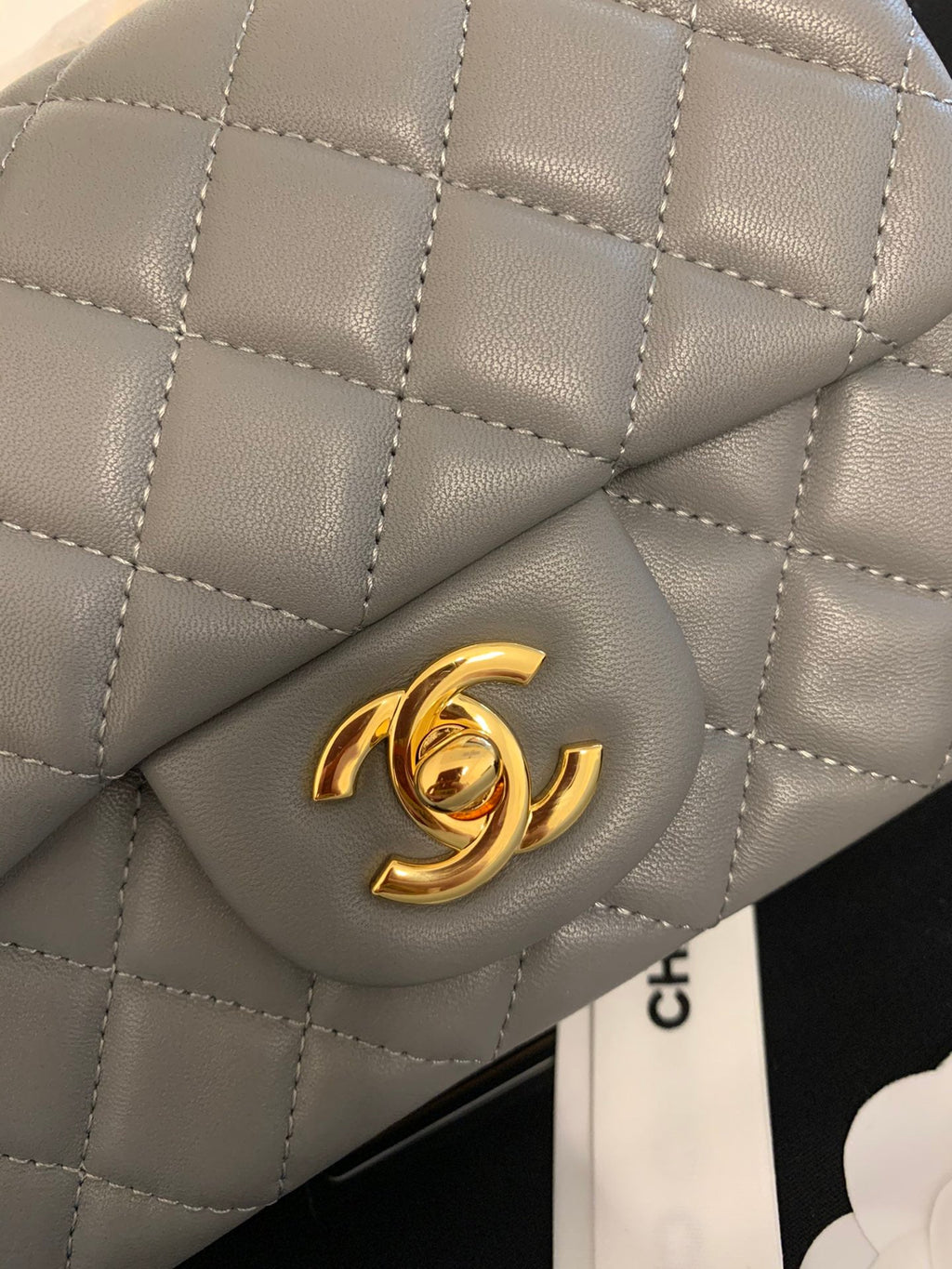 MINI SQUARE FLAP BAG 17CM DARK GREY CALFSKIN GOLD HARDWARE
