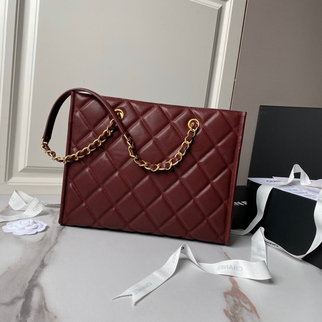 24A SHOPPING BAG 30CM BURGUNDY CAVIAR GOLD HARDWARE