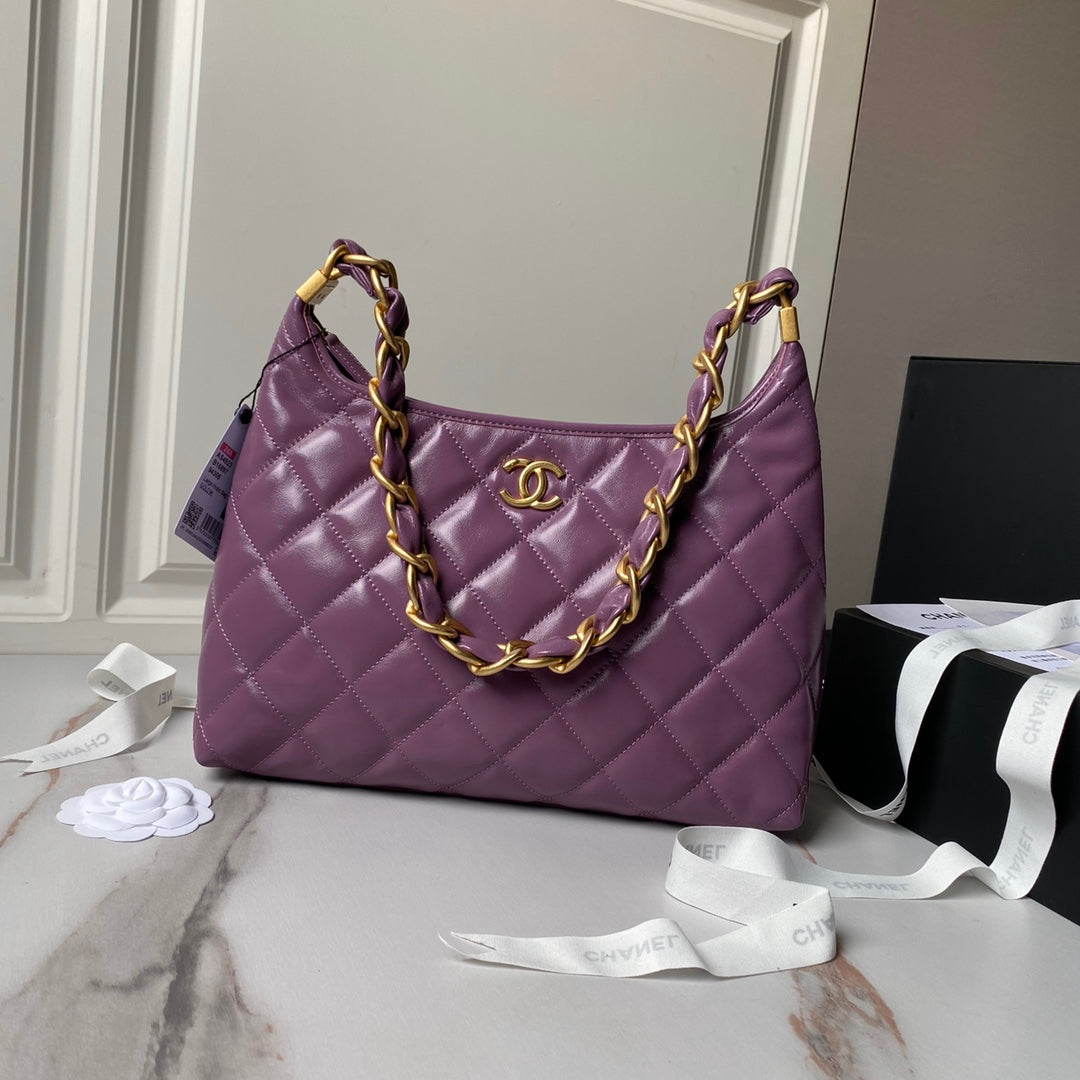 SAC HOBO 24A 38 CM EN CUIR DE VEAU VIOLET QUINCAILLERIE DORÉ