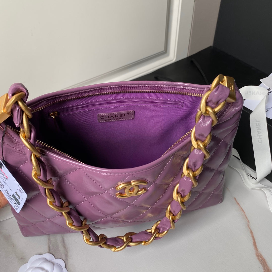 SAC HOBO 24A 38 CM EN CUIR DE VEAU VIOLET QUINCAILLERIE DORÉ