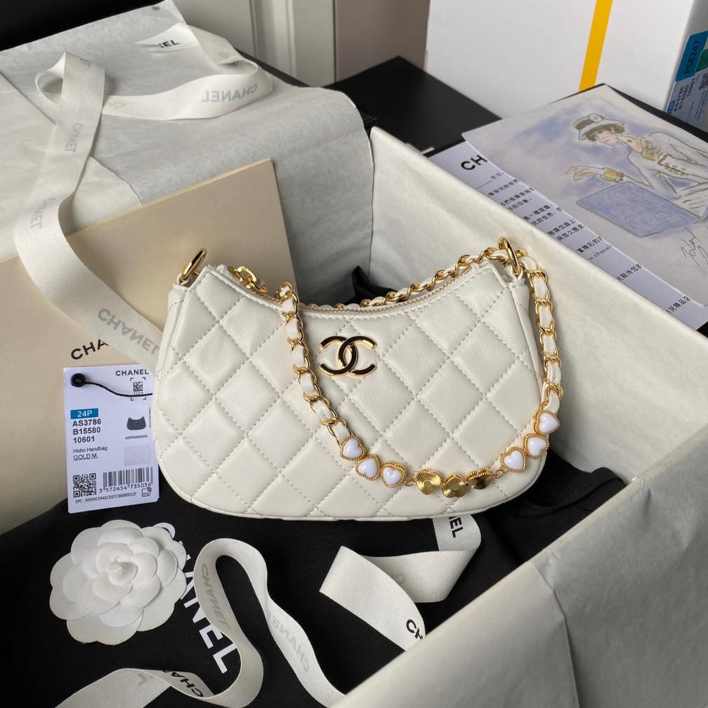SAC HOBO 24P CC 20CM EN CUIR D'AGNEAU BLANC ET QUINCAILLERIE DORÉ