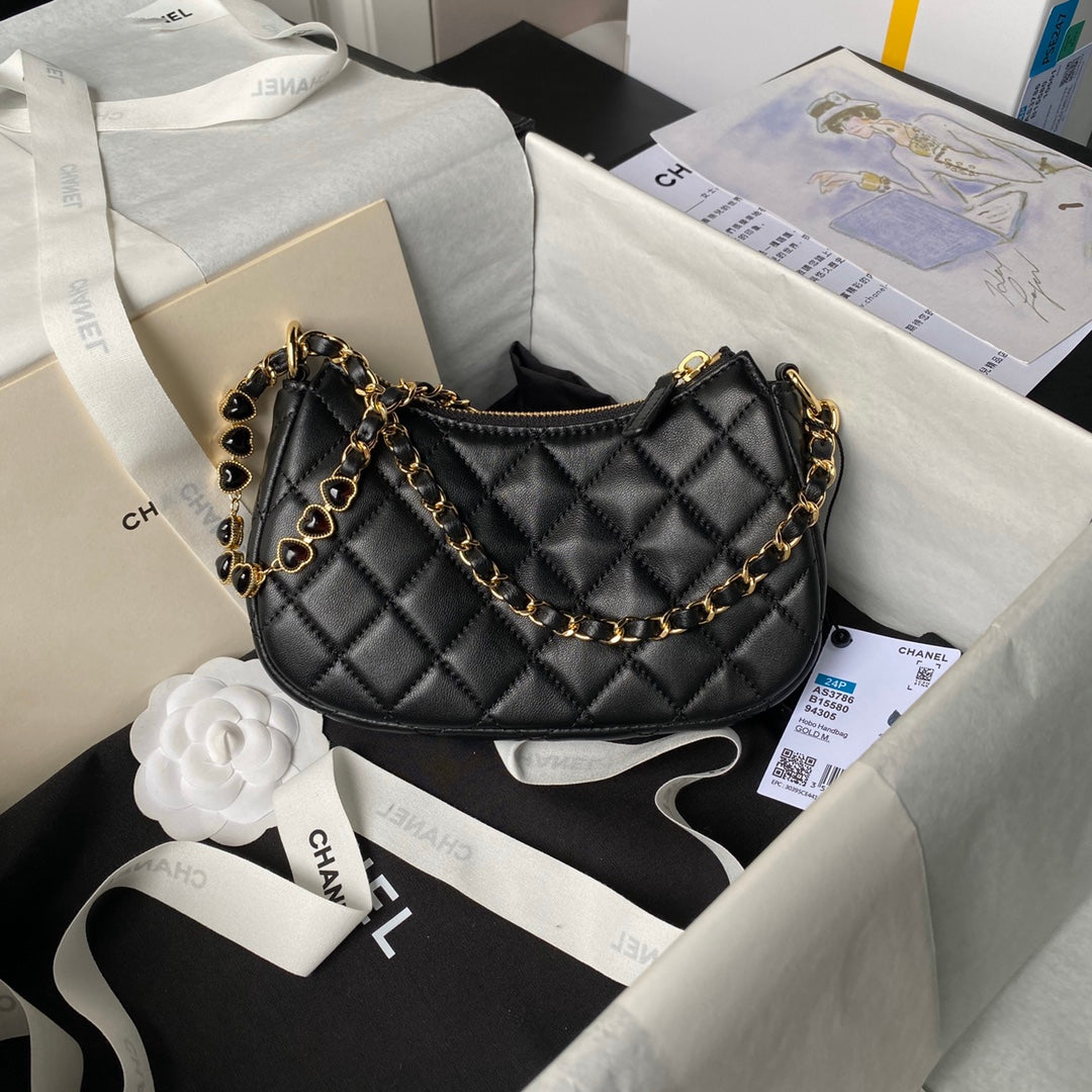 SAC HOBO 24P CC 20CM EN CUIR D'AGNEAU NOIR ET QUINCAILLERIE DORÉ