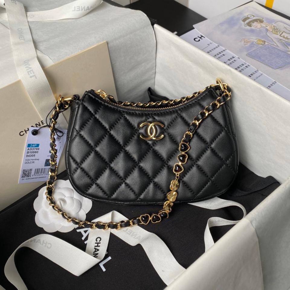 SAC HOBO 24P CC 20CM EN CUIR D'AGNEAU NOIR ET QUINCAILLERIE DORÉ